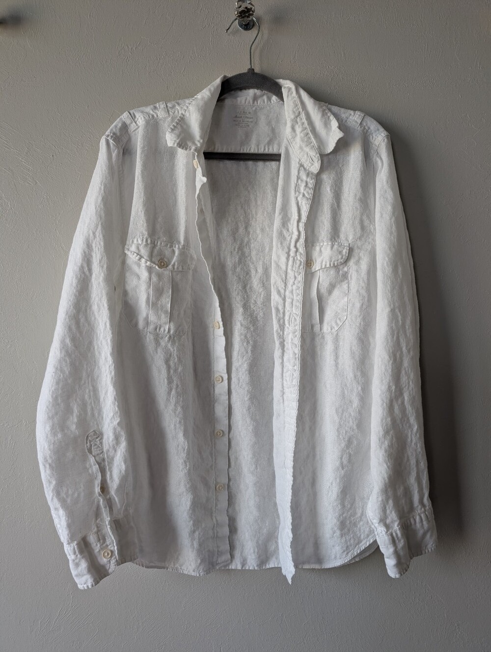 J. Crew Men's White Linen Shirt Collared Button Front Size L